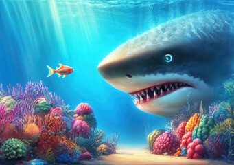 Fototapeta premium Brave small fish face to face and against big shark, generative Ai. business concept.