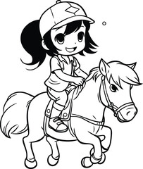 Black and White Cartoon Illustration of Little Girl Riding a Horse Coloring Book