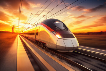 Fototapeta na wymiar Modern high speed passenger train at sunset. Blurred motion.