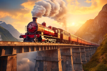 Retro steam train on railway viaduct at sunset with mountains on background.