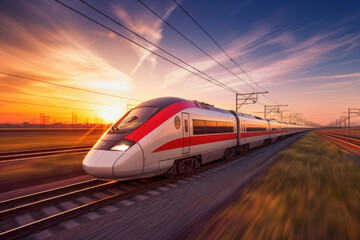 Fototapeta premium High speed modern passenger train at sunset. Blurred motion.