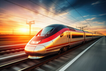 Naklejka premium Modern high speed passenger train at sunset. Blurred motion.