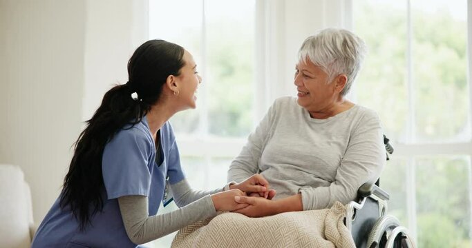 Senior care, nurse and empathy with smile for support, wellness and healthcare in nursing home or retirement. Elderly, caregiver or woman in wheelchair talking for medical service, happiness and job
