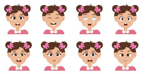 Cute little girl avatar with ponytail hairstyle and different facial expression	