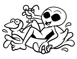 Cartoon illustration of Alien playing a duck buoy at beach while drinking a cocktail, best for outline, logo, decoration, and coloring book with summer vacation themes