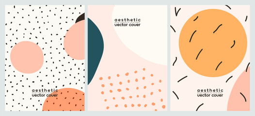Collection of templates with hand drawn simple shape, lines and dots. Set aesthetic vertical background for social media. Vector covers, trendy banner design