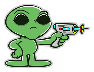 Cartoon illustration of Little Alien using blaster gun to invasion the earth. Best for sticker, logo, and mascot with extraterrestrial themes for kids