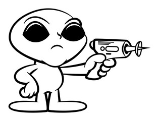 Obraz premium Cartoon illustration of Little Alien using blaster gun to invasion the earth. Best for outline, logo, and coloring book with extraterrestrial themes for kids
