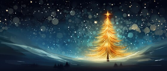 Christmas tree and snow. christmas tree with golden star. xmas . - obrazy, fototapety, plakaty