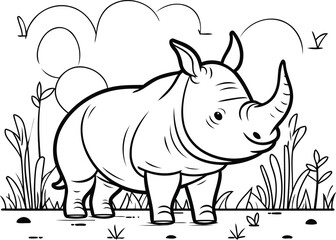 Rhinoceros in the field. Black and white vector illustration.