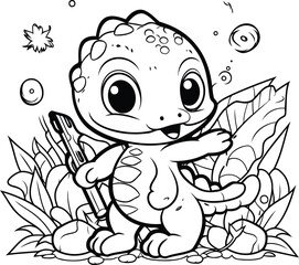Coloring Page Outline Of Cute Dinosaur With Paintbrushes