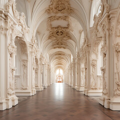 arches in Baroque style, hall in light colors, columns, monograms, luxury, historical architecture, background
