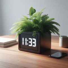 modern black digital clock on the table with green flowers professional shot 
