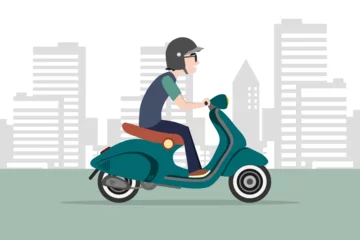 Foto op Plexiglas A man wearing helmet riding a motor scooter on the road with city background. Cartoon vector illustration. © fadfebrian