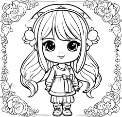 Cute little girl in floral frame. Vector illustration for coloring book.