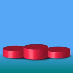Red 3D product display scene on blue background.