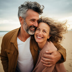 Joyful middle aged couple, a man and woman, sharing a loving hug on a beach