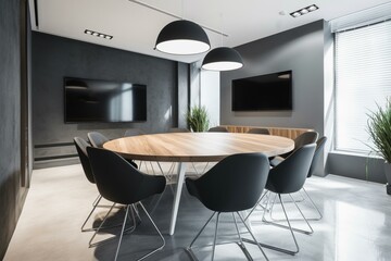 Contemporary meeting room with conference table. Generative AI