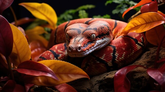 Cute snake on a background of leaves. it is a type of yellowish-brown snake