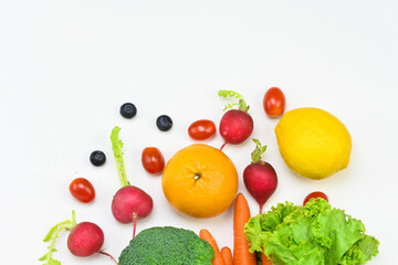 Healthy food background, healthy vegetarian food in paper bags, fruits and vegetables, banner copy space, supermarket shopping, food and clean vegetarian diet concept, organic fruits and vegetables co