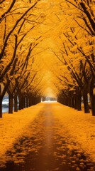 A tree lined road with yellow leaves on the trees