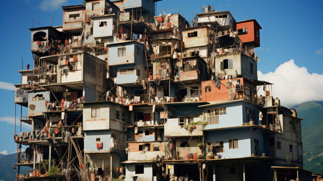 Old residential buildings in the city of Rio de Janeiro, Brazil. Favela da Rocinha, the Biggest Slum, Shanty Town, in Latin America.