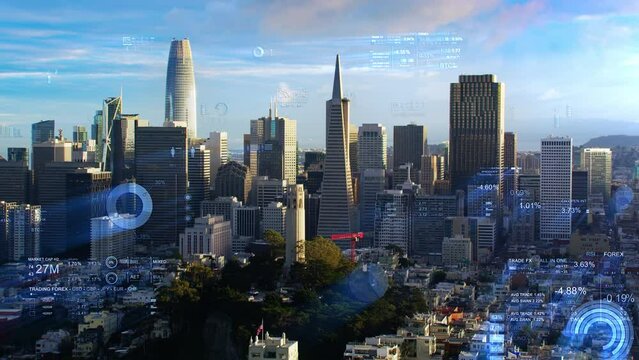 
Stock Exchange Futuristic Holographic Figures over Amazing Aerial view of San Francisco with Financial Charts and Data. Big data, Artificial intelligence, Internet of things. 