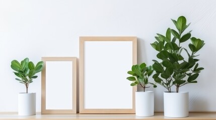 A wooden shelf topped with three white vases filled with plants