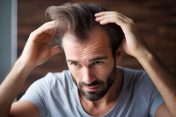 Man looking in the mirror, concerned about his hair loss and the increasing signs of balding