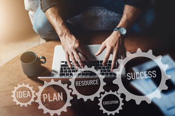 Hologram, laptop and hands of person for idea, website and planning for online project with gear text. Business, technology and top view of computer for analysis, networking and research in office