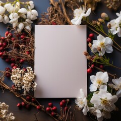 Autumn background with dried flowers, leaves and blank sheet of paper