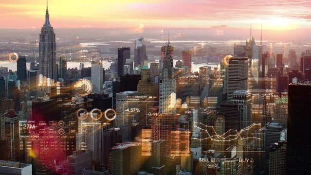 
Aerial Futuristic New York City at Sunset. Futuristic Midtown Manhattan with Financial Charts, Graphs and Figures.  Big data, Artificial intelligence, Internet of things. Stock exchange.