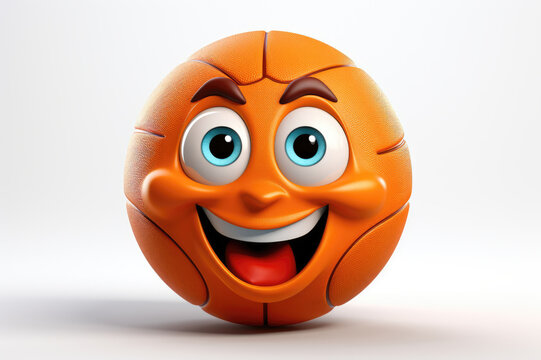 Happy cartoon bouncing basketball character with a spirited and lively face on a white background is ready to play a basketball game.