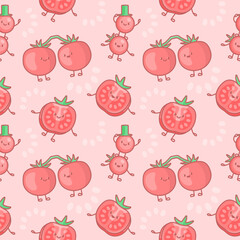 Vector seamless pattern with cute tomatoes vegetable characters