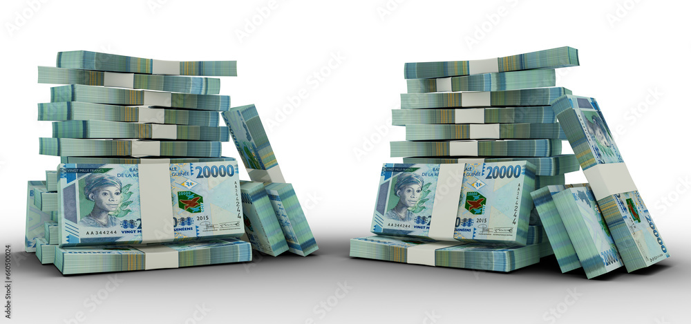 Poster 3d rendering of guinean franc notes. bundles of guinean franc notes isolated on white background