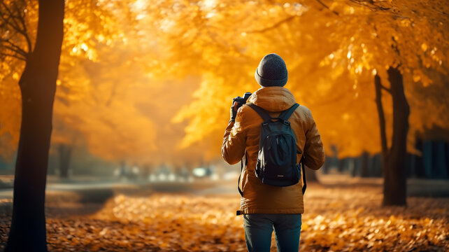 Photographer standing and taking a picture in a nice autumn day, park, beautiful nature