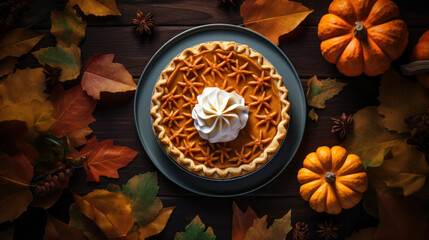 pumpkin pie on a plate on a pumpkin leaves