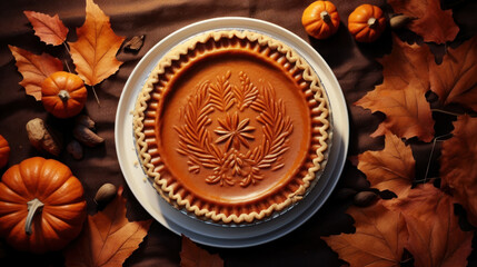 pumpkin pie on a plate on a pumpkin leaves - obrazy, fototapety, plakaty