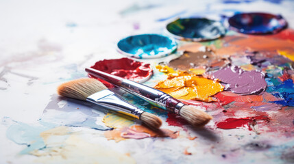 Obraz premium Palette with paints and paintbrushes on a white background