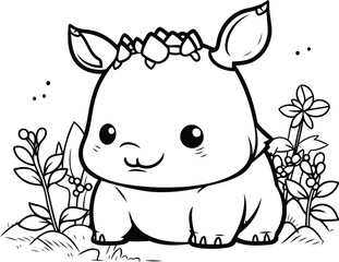 cute little rhinoceros with flower cartoon vector illustration graphic design