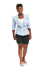 Woman, smile and fashion clothes for unique trendy style, happiness or natural beauty. Female person, portrait face and designer in studio for luxury retail outfit, laugh or personality or good mood