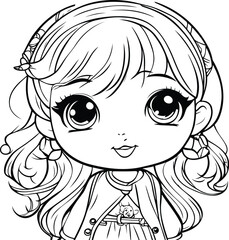 Cute cartoon girl with long hair. Vector illustration for coloring book.