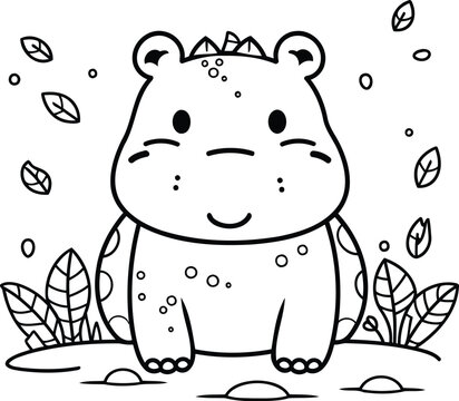 Cute hippo with leaves. Vector illustration in doodle style.