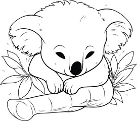 Cute koala sleeping on a branch with leaves. Vector illustration.