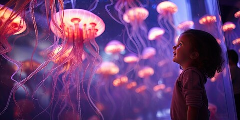 A little girl looks with delight at a glowing jellyfish with translucent and multi-colored tentacles in the aquarium.