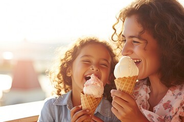 A mother and her daughters spend a joyful summer day in the park, eating ice cream, basking in the sun and enjoying moments of love and togetherness.