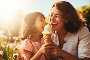 A beautiful mother and her little daughter are enjoying ice cream on a sunny summer day. - Powered by Adobe