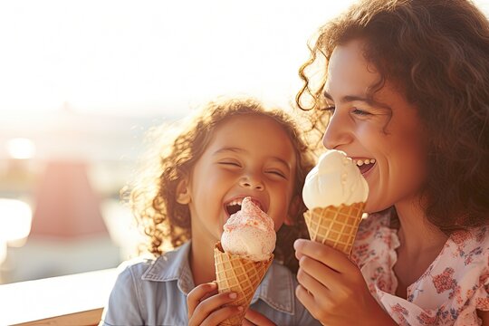 A mother and her daughters spend a joyful summer day in the park, eating ice cream, basking in the sun and enjoying moments of love and togetherness.