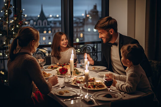 A joyful family gathering for a holiday meal filled with happiness, togetherness and delicious food.