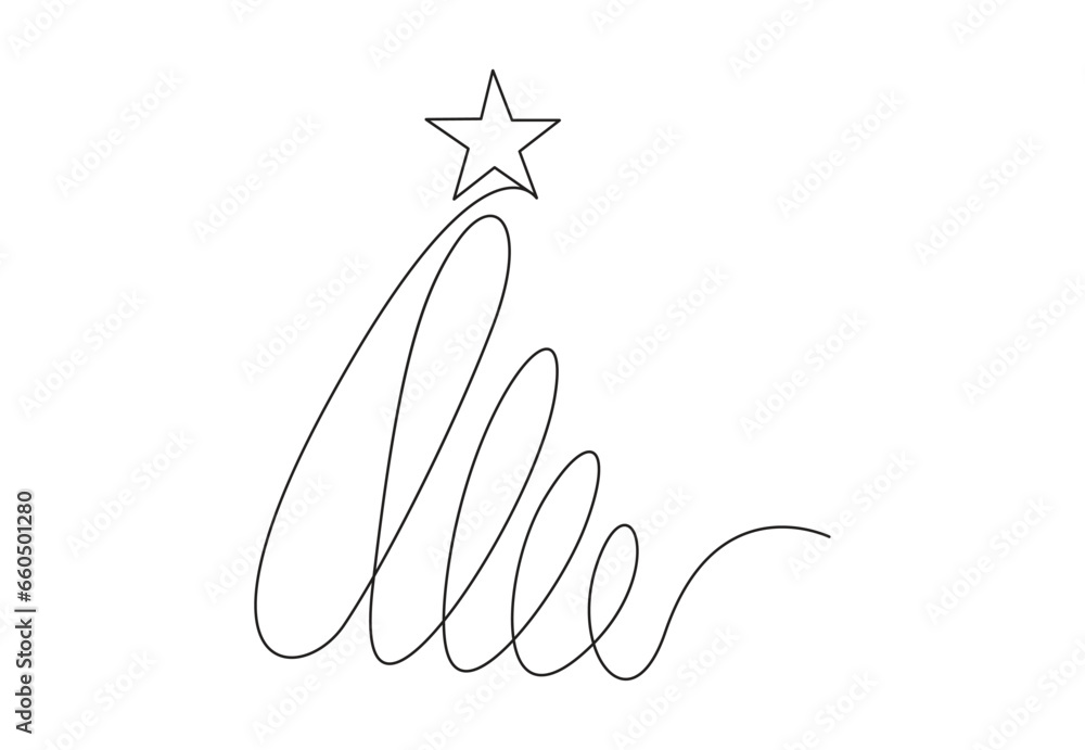 Poster continuous one line drawing of christmas tree. isolated on white background vector illustration. pre